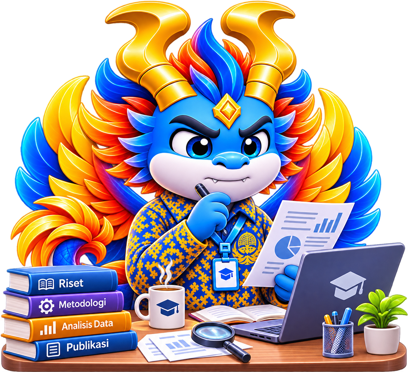 Maskot Fitrah AI Workspace Labs sedang meneliti di meja kerja